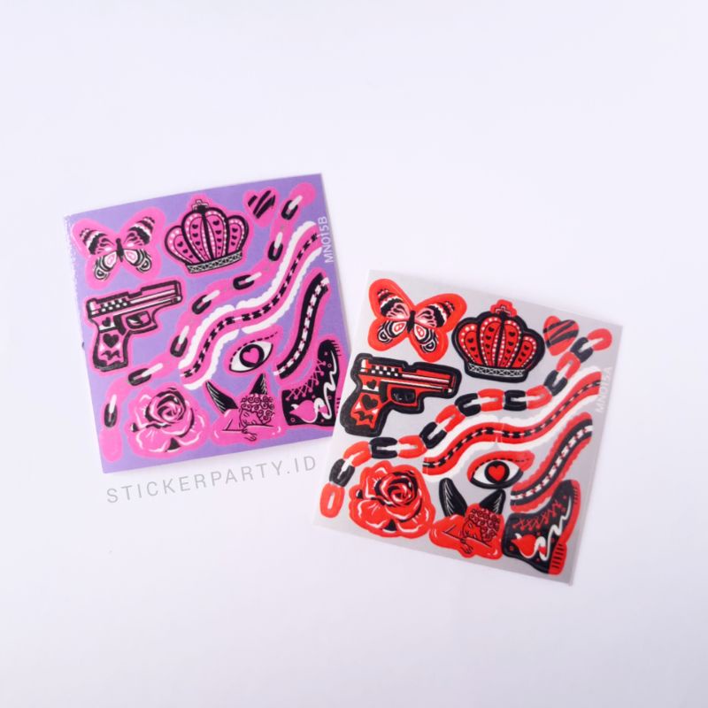 

Stiker Toploader Deco Gothic Gun Kupu Rose Angel Confetti Pink Merah Glitter Hologram Kiss Cut by Sticker Party MN015