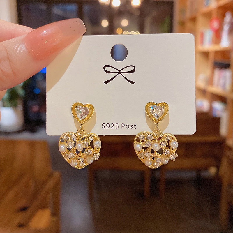 Anting stud 925 silver needle Bentuk Hati Aksen Mutiara Berlian Imitasi Untuk Wanita