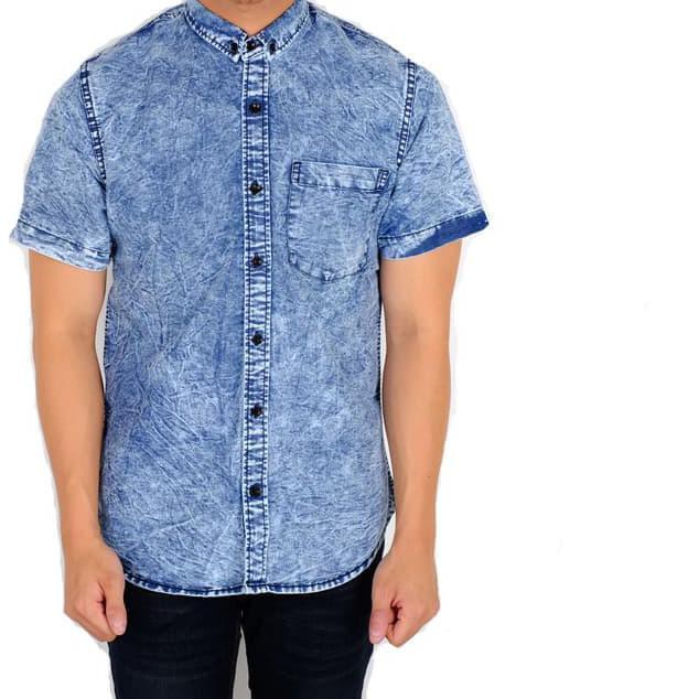 kemeja pria lengan pendek denim / baju cowok denim jeans blue slimfit