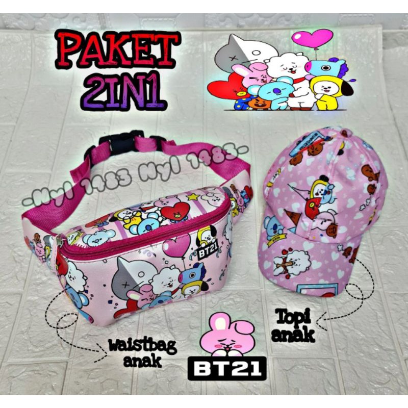 Paket 2in1 tas waistbag anak BT21 tas selempang anak perempuan+ topi anak