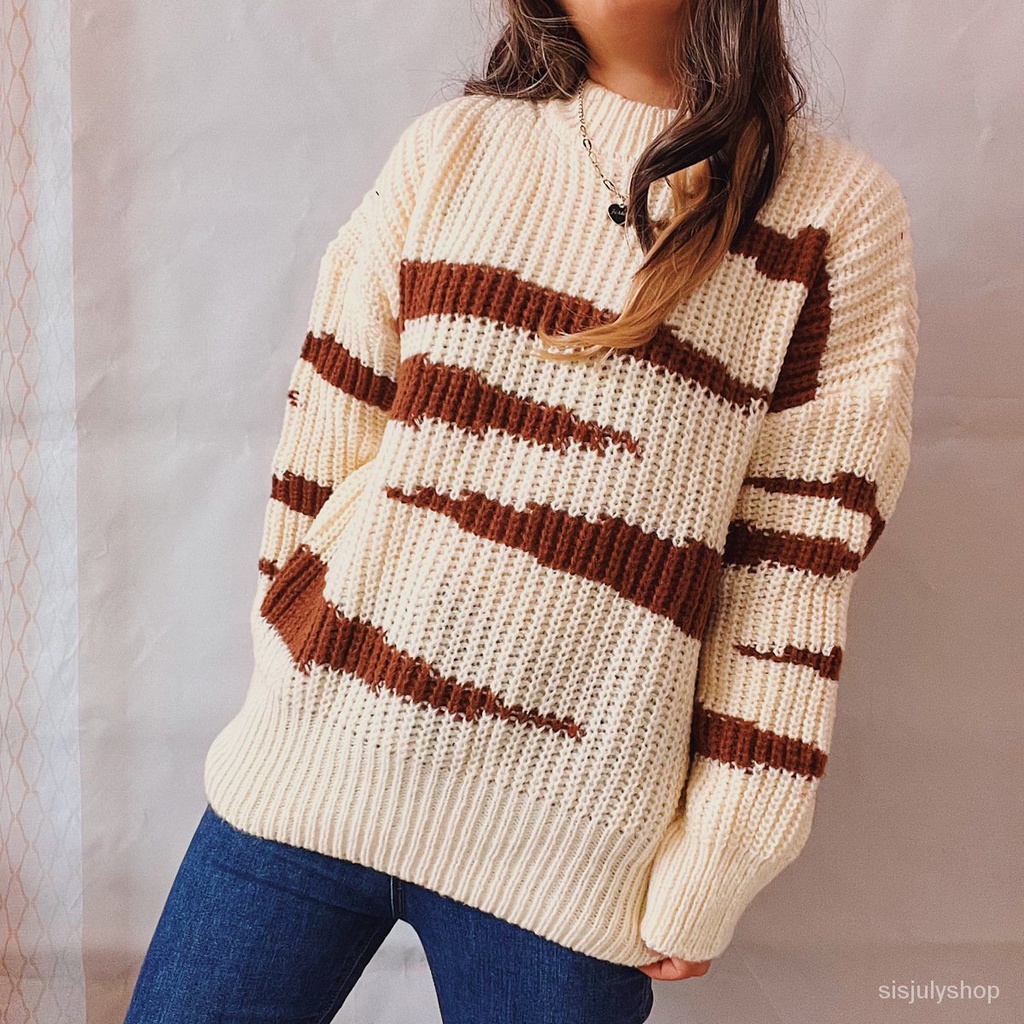 #Sisjuly# Wanita Baru Longgar Leher Bulat Lengan Panjang Garis Tidak Teratur Sweater Warna Kontras S