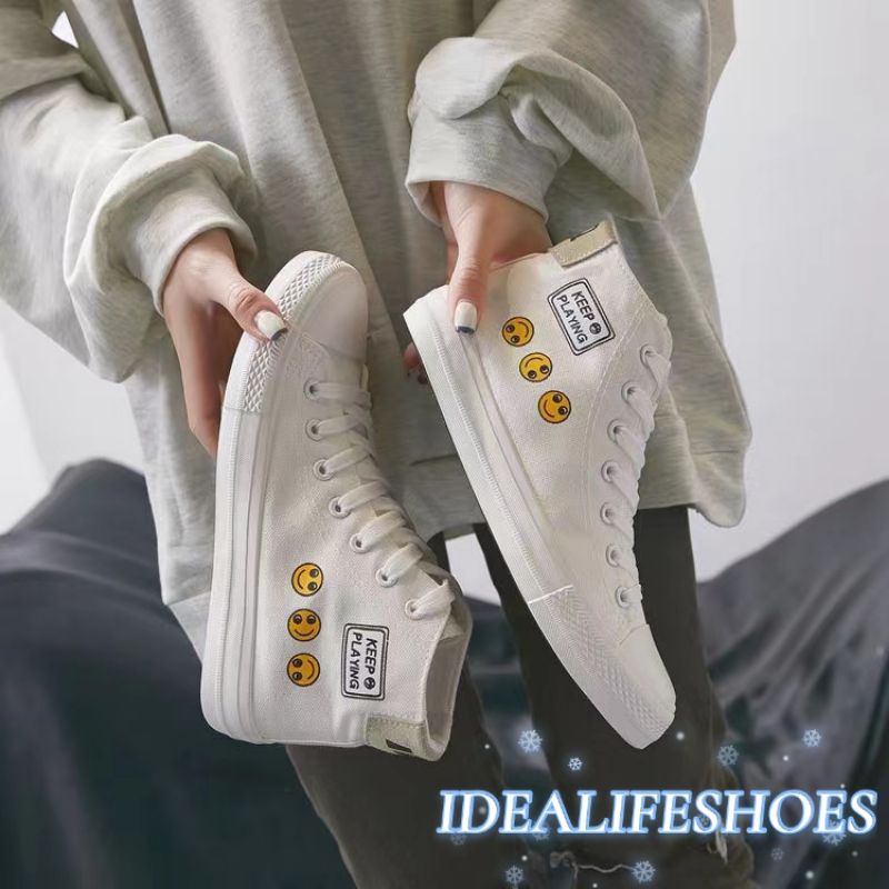 [ PAKAI DUS SEPATU ] IDEALIFESHOES Sepatu Woman Wanita Sneakers Cewek Putih Import Shoes High Top Kanvas Hitam kekinian KYB-33