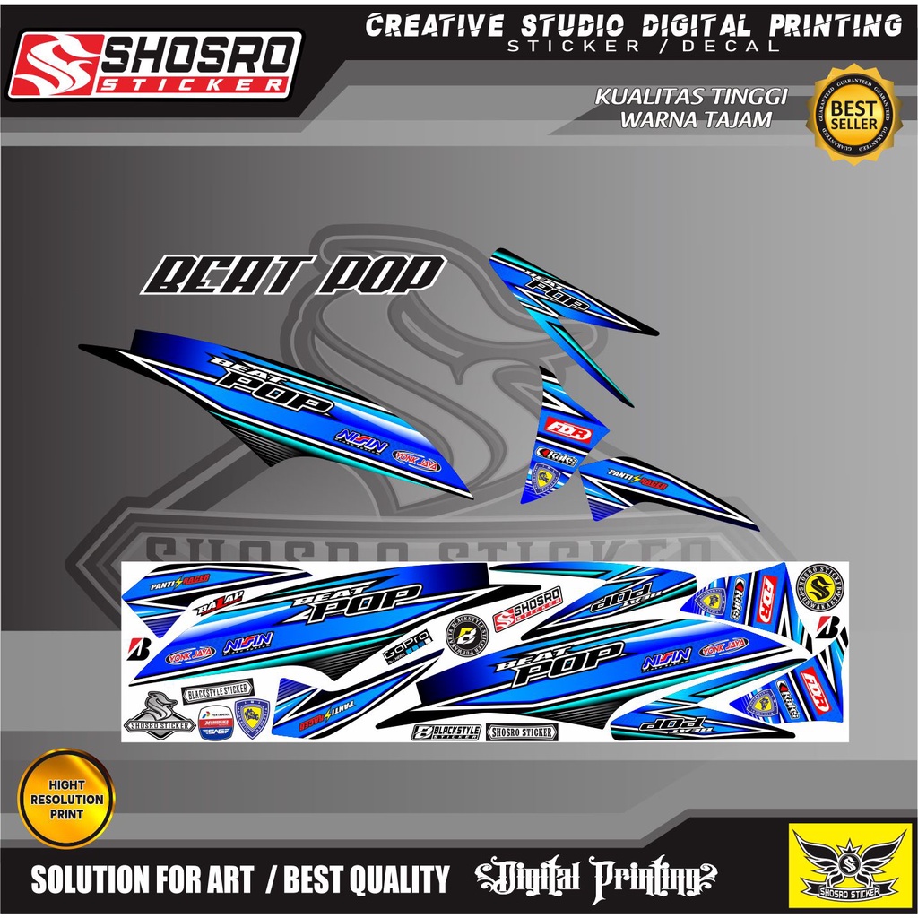 DECAL KS MOTIF COD-STRIPING VARIASI MOTOR HONDA BEAT POP MOTIF RACING BIRU