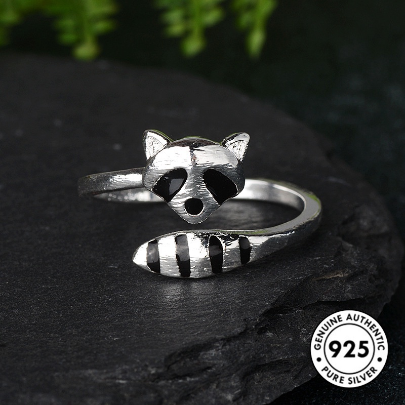 Cincin Sterling Silver 925 Desain Rakun Lucu Kreatif Untuk Wanita