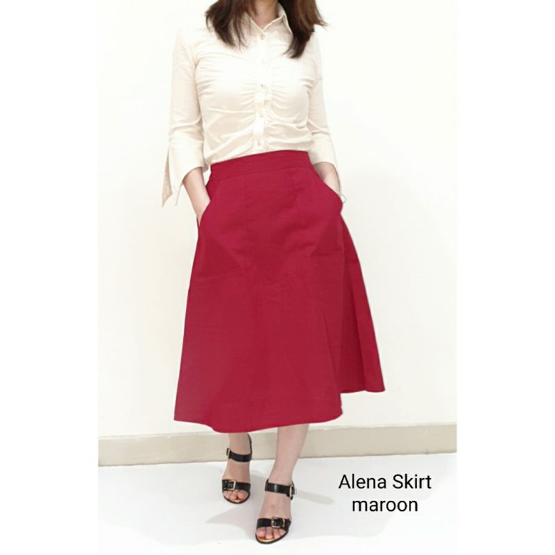 Rok Wanita Midi Skirt Katun Polos Model A Line Panjang 7/8, Alena Skirt#-8