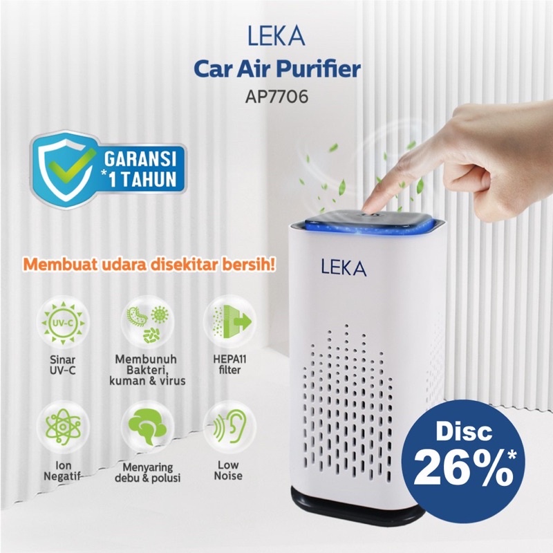 LEKA AP7706 Car Air Purifier - Mini Portable HEPA Filter UV-C Ion UV