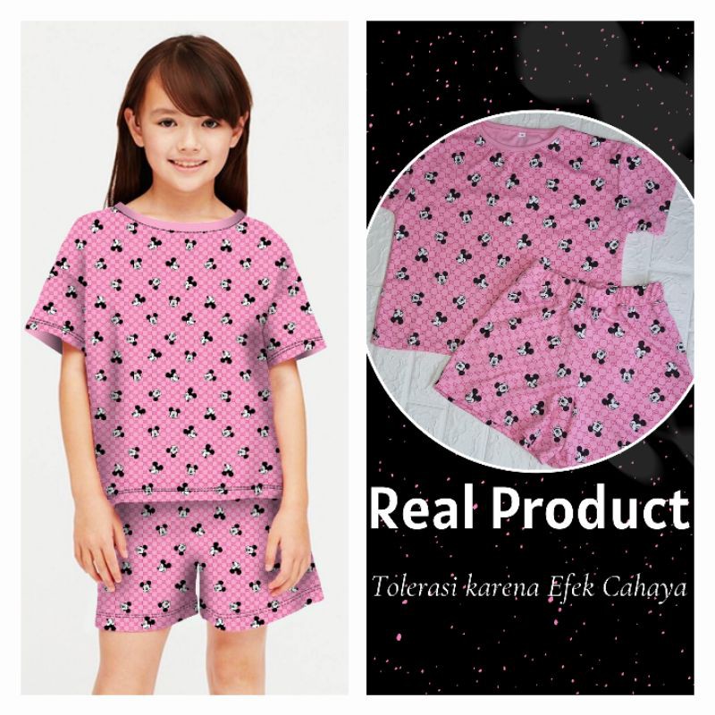Setelan Anak Perempuan Pink 5-13th IMPORT PREMIUM | Baju Stelan Gucci Mickey Pink | Nyaman dipakai