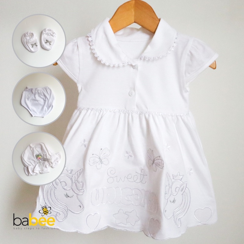 PURE WHITE SET / GAMIS MEWAH Baju NewBorn Dress Rok Topi aqiqah Sepatu Pergi Lucu Fashion Anak Bayi Perempuan Cewek Terlaris Murah