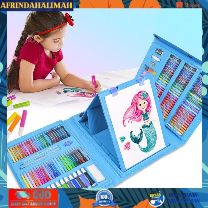 

[TERBARU] Crayon Set Anak 208 Pcs Pensil Warna Alat Lukis Alat Mewarnai Gift Set - Biru