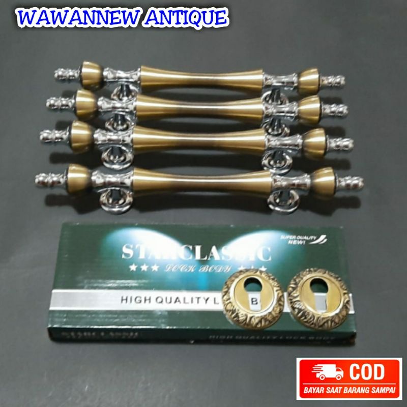 Handle Pintu / Gagang Pintu Rumah Pagar Kuningan + Set Body Kunci