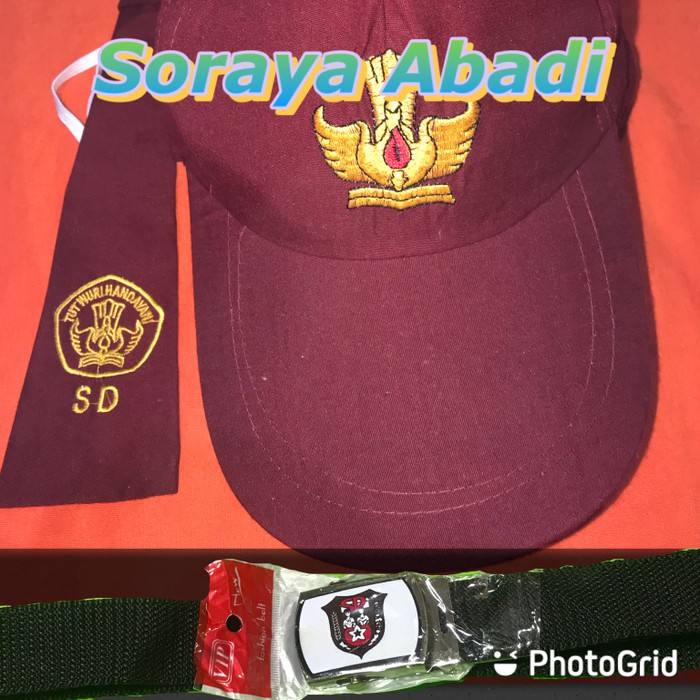 Paket Topi SD MERAH POLOS + Gesper + Dasi BORDIR SD PEREMPUAN