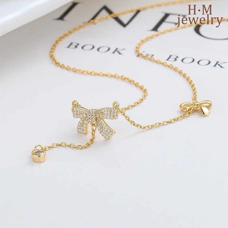 Kalung Rantai Sterling Silver 925 Dengan Liontin Pita Hias Berlian Imitasi Untuk Wanita