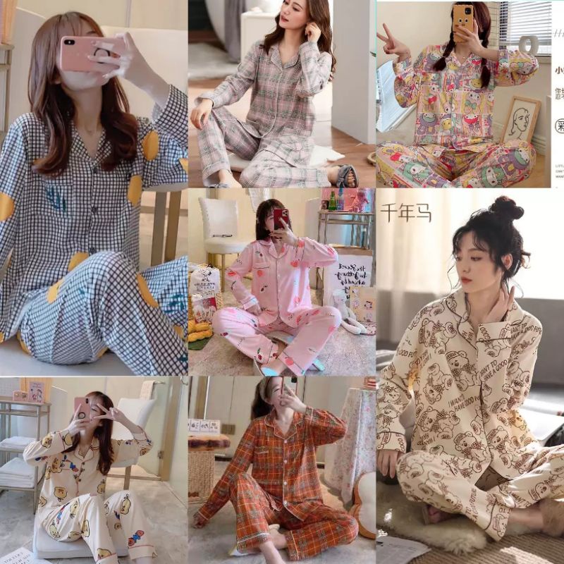 PIYAMA PP BAJU TIDUR WANITA IMPORT KRAH SPANDEK MODEL TERBARU KOREAN STYLE MOTIF KOTAK LUCU