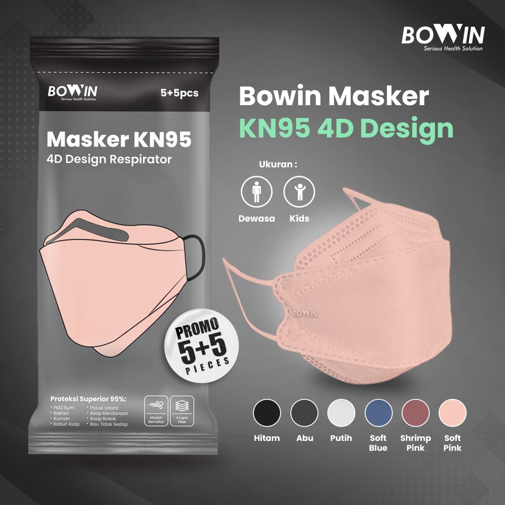 Bowin Masker KN95 - 4D Design (10 PCS)  ≥95% BFE, PFE (Masker Kesehatan / Masker Medis / Model KF94 )