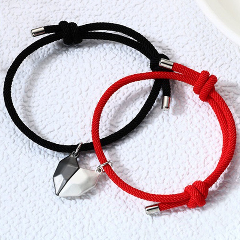 Fancyqube 2pcs / Set Gelang Tali Keberuntungan Magnetik Dapat Disesuaikan Desain Hati Batu Harapan Untuk Pria Dan Wanita