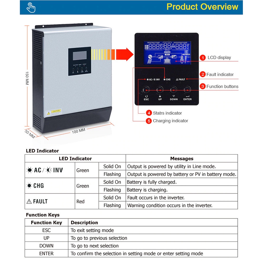 POWER Solar Inverter 3KVA 2400W 24V with Built-in PWM Solar Charger Controller Battery Charger 50A