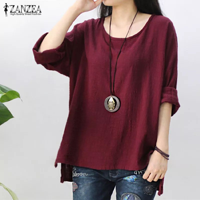 ZANZEA Blouse wanita import Casual motif polos lengan panjang big size S-5XL