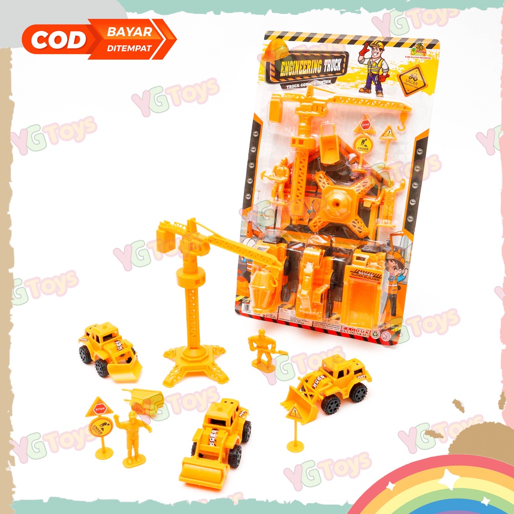 YGtoys Mainan Mobil Mobilan Konstruksi Tower Crane Set dan Orang Construction Worker Contruction Excavator Beko Bulldozer Crane