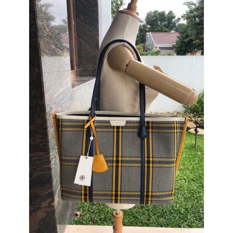 tas Tote wanita Tory Burch plaid trile compartment