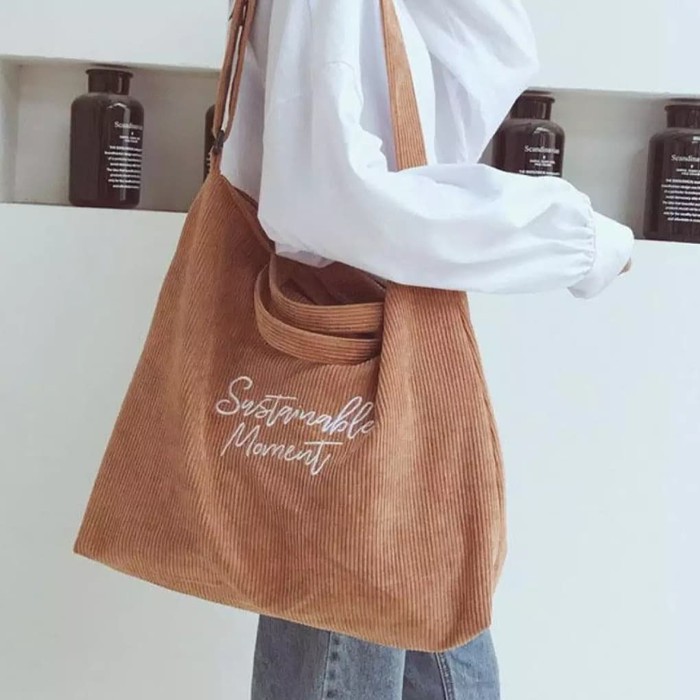 Korean Corduroy Big Size Tote Bag - Hitam