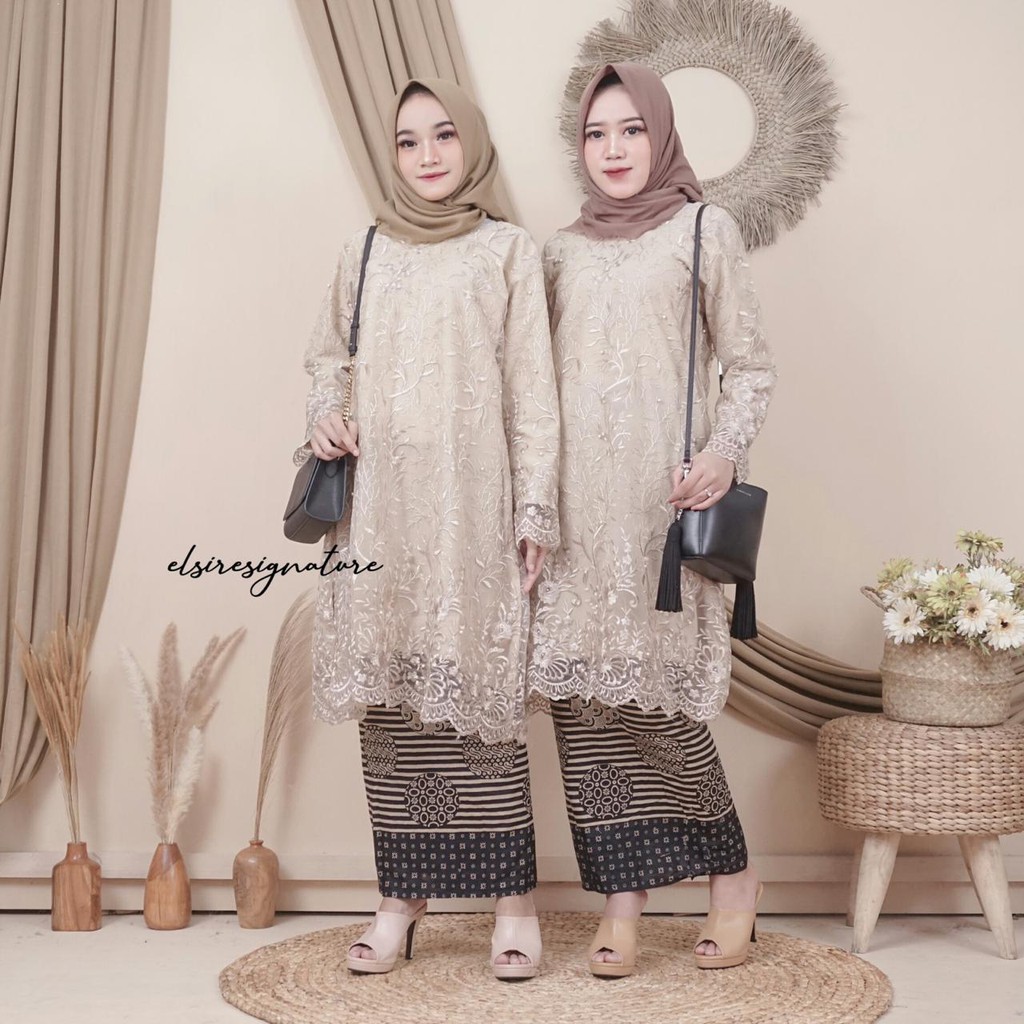 ( Ready Jumbo ) Raya Tule Pearl Tunic Brokat Tule Murah Set Kebaya Tunik Busui / Tunik Brokat / Keba