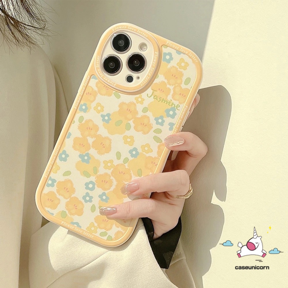 IPHONE Casing Ponsel Retro Lucu Kompatibel Untuk Iphone11 7 8 Plus12 14 13 11 Pro Max X XR XS Max6 6s 7Plus 8Plus SE 2020bunga Kuning Lensa Bulat Shockproof Anti Jatuh Lembut TPU Penutup Belakang