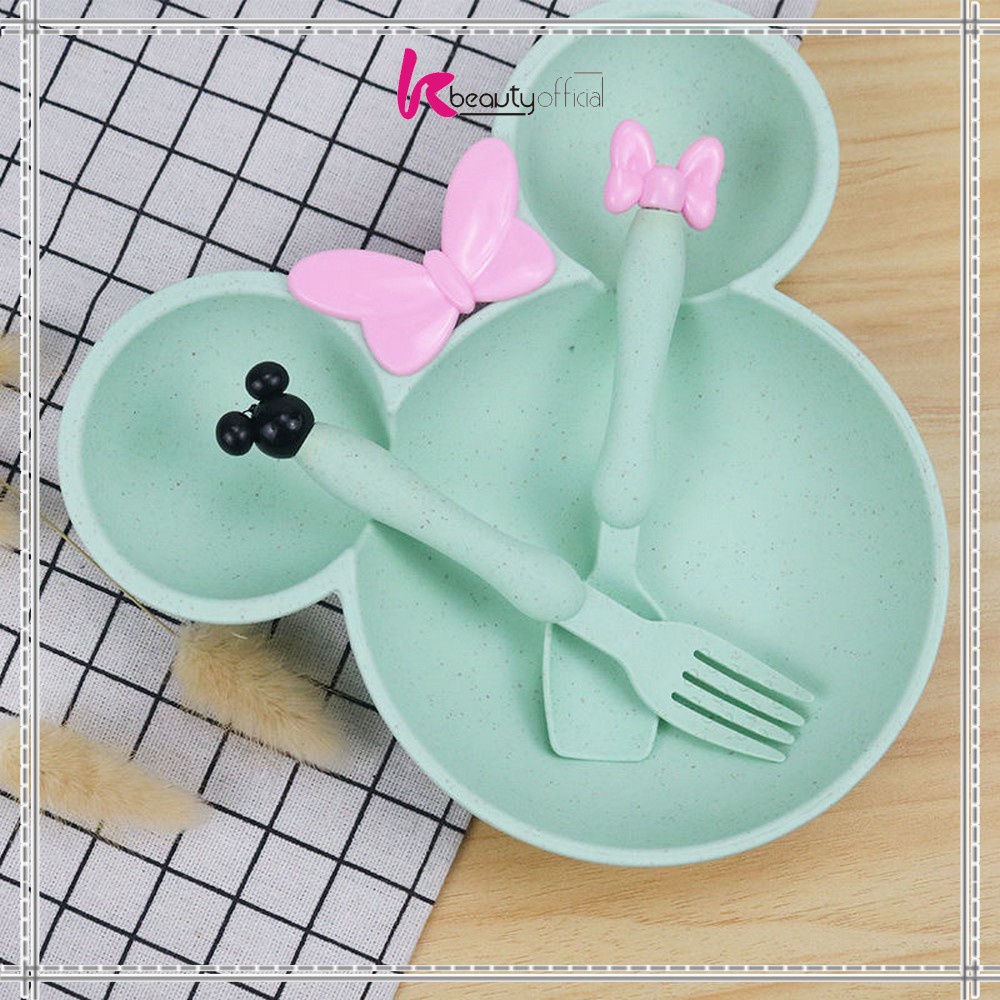KB-C373 Piring Makan Anak Karakter Miki Set Sendok Garpu / Mangkok Makan Wheat Straw / Tempat Makan Anak Set / Mangkuk Makan Bayi Bahan Jerami Gandum-TOSCA
