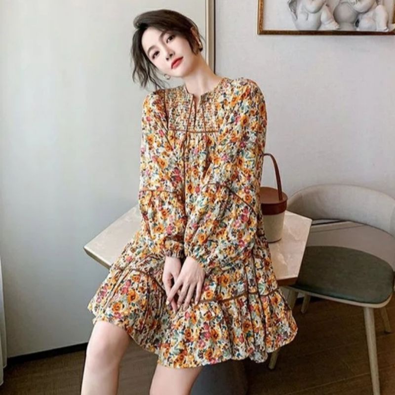 MDLV ~ M18D04 Montana Floral Babydoll Dress / Dress Flower Fashion