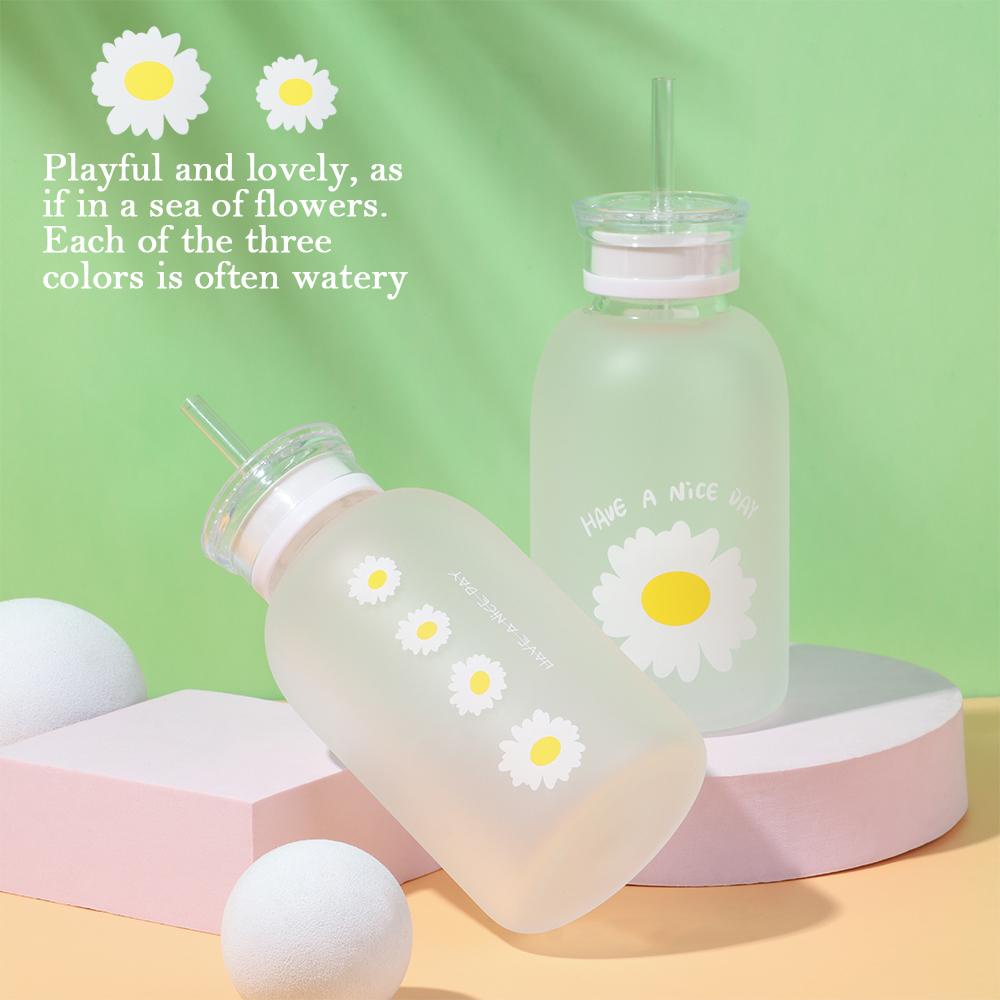 Suyo Botol Minum Dengan Sedotan Motif Bunga Daisy Frosted