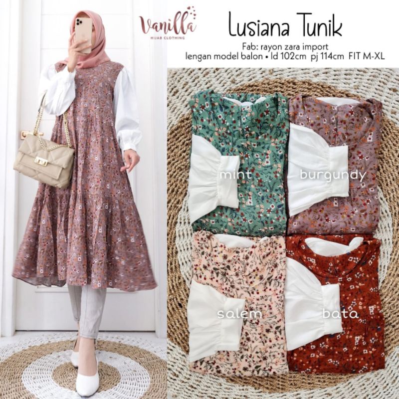 ATASAN WANITA LUSIANA TUNIK BY VANILLA/RAYON IMPORT LD 102 LENGAN MODEL BALON/BUSUI ZIPPER DEPAN/TUN