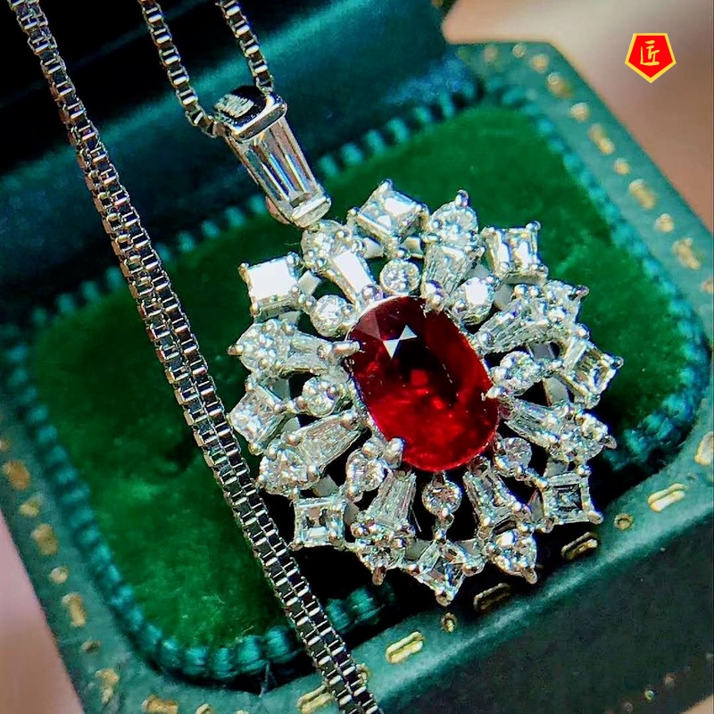 [Ready Stock]T Square Full Diamond Pendant Ruby Necklace for Women