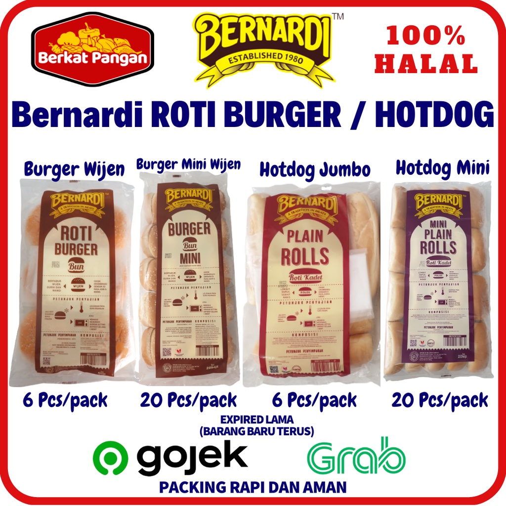 BERNARDI Roti Burger Wijen 6pcs / Plain rolls mini Hot dog 20pcs / Hot Dog Jumbo isi 6pcs