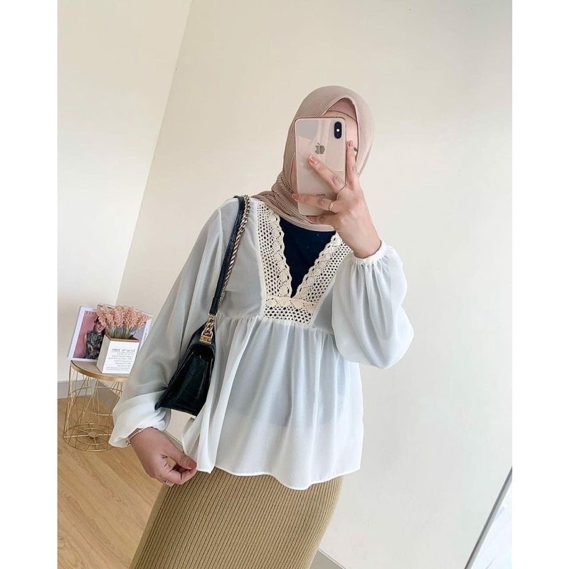 BEFAST - ZRD Blouse Wanita VINNA / ALIKA BLOUSE MIX RENDA / Blouse Wanita Casual / Blouse Pesta / Blouse Formal / Blouse Unik / Fashion Wanita Kekinian / Blouse Lengan Panjang