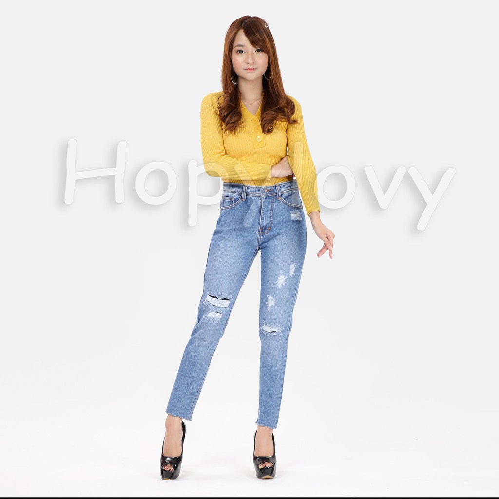 HOPYLOVY - Atasan Wanita Kerah V Rajut Yoana Knit Buttons