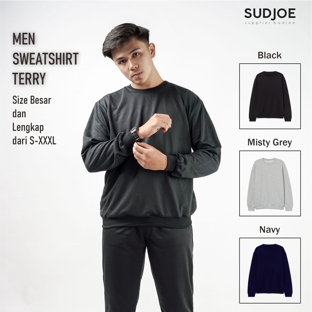 Sweater Crewneck Polos Pria Bahan Baby Terry Ukuran S-XXXL