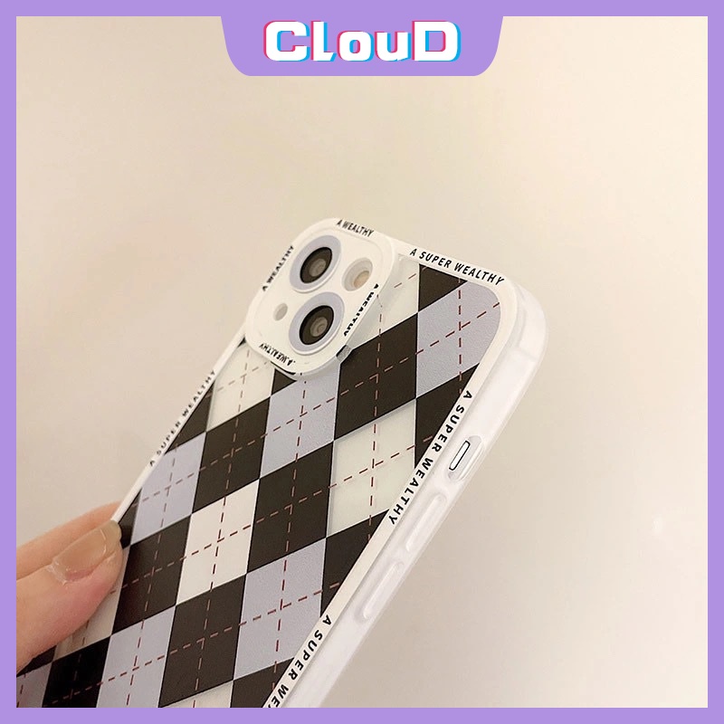 IPHONE Casing Ponsel Motif Grid Berlian Hitam Biru Kompatibel Untuk Iphone11 13 12 14 Pro Max6 6s 7 8 Plus X XR XS MAX SE 2020pelindung Kamera Angel Eyes Lembut Shockproof Penutup Anti Jatuh