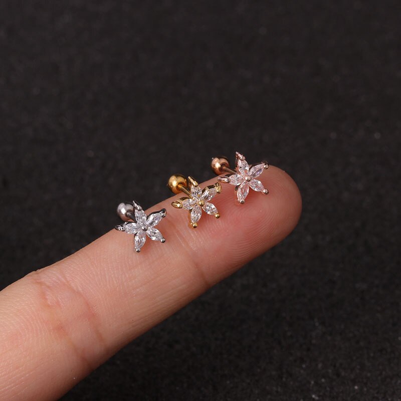 1pc Anting Tindik Tulang Rawan Telinga Bahan Stainless Steel Hias Kristal Zircon