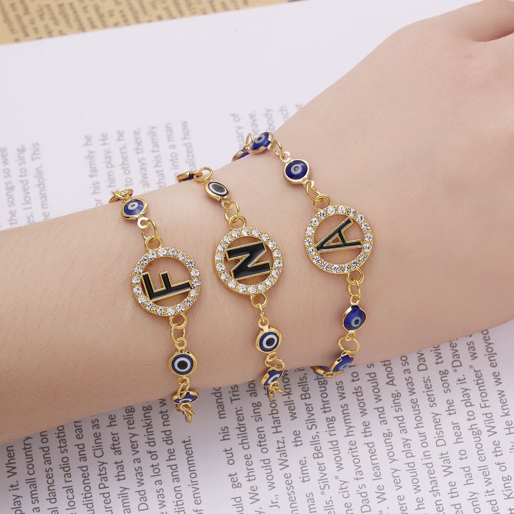 26 letters blue eyes single-layer chain rhinestone alloy adjustable men's and women's bracelets Korean fashion jewelry accessories