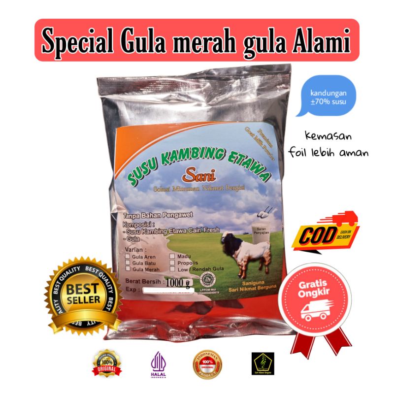 

Susu kambing etawa Gula merah, jahe almunium foil