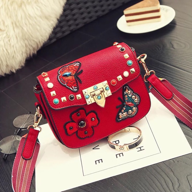 Tas Selempang wanita kulit sintetis Flower Embroidery mini Slingbag PU Import bordir bunga strap kanvas