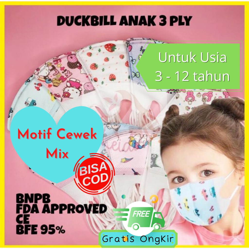 Masker Duckbill Anak | Masker Duckbill Anak Cewek | Masker Anak Cewek Duckbill 3ply | Masker Duckbill Motif Cewek Lucu