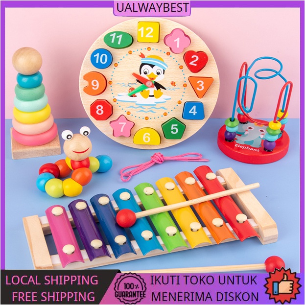 NEW Mainan Edukasi Anak Basic Shape Kayu Balok Geometri Puzzle 3D Montessori Sensory Xylophone Jam Angka Best Seller