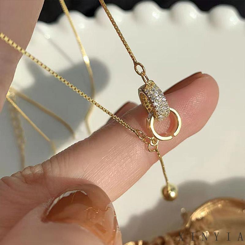 Xia.id Kalung Rantai Wanita Liontin Cincin Ganda Hias Berlian Imitasi