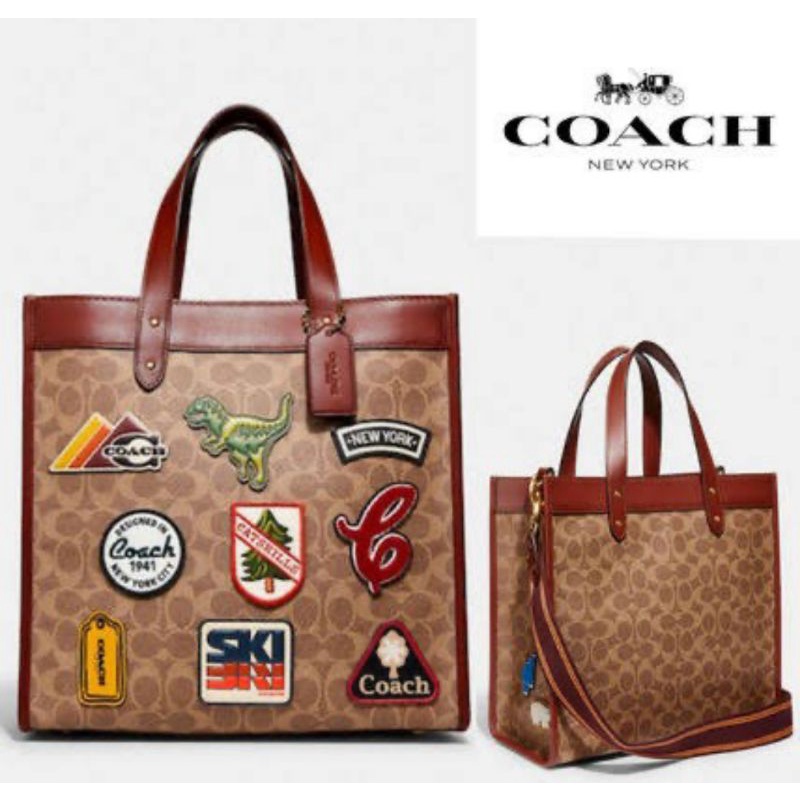 Coach Field Tote In Signature Canvas With Patches(C6846)
