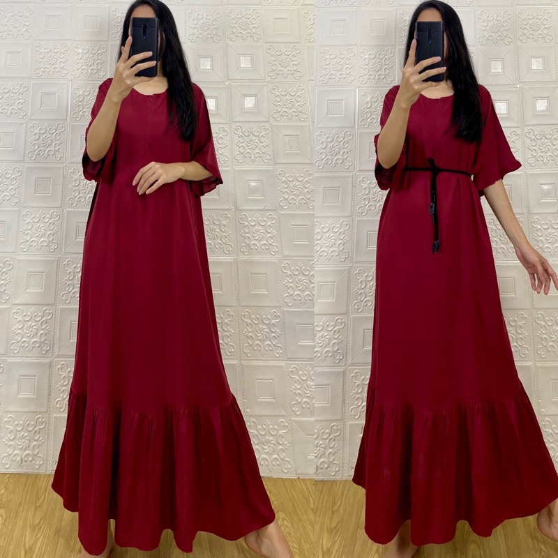 daster MONA tangan 3/4 PB 130cm /daster panjang rempel tangan 3/4  JUMBO premium sleting /busui/rempel tangan 3/4/ tangan pendek/ tali grosir ecer SEMATA KAKI RAYON-Mona maron