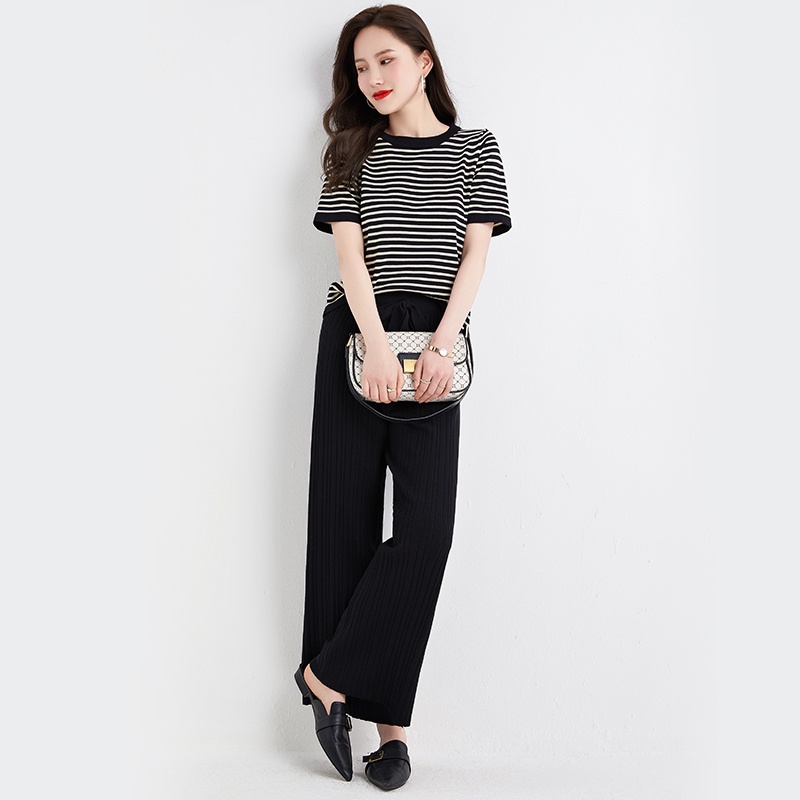 【Elegant】Korean Summer  Highwaist Long Pants &amp; Short Sleeve T-Shirt One Set   7479