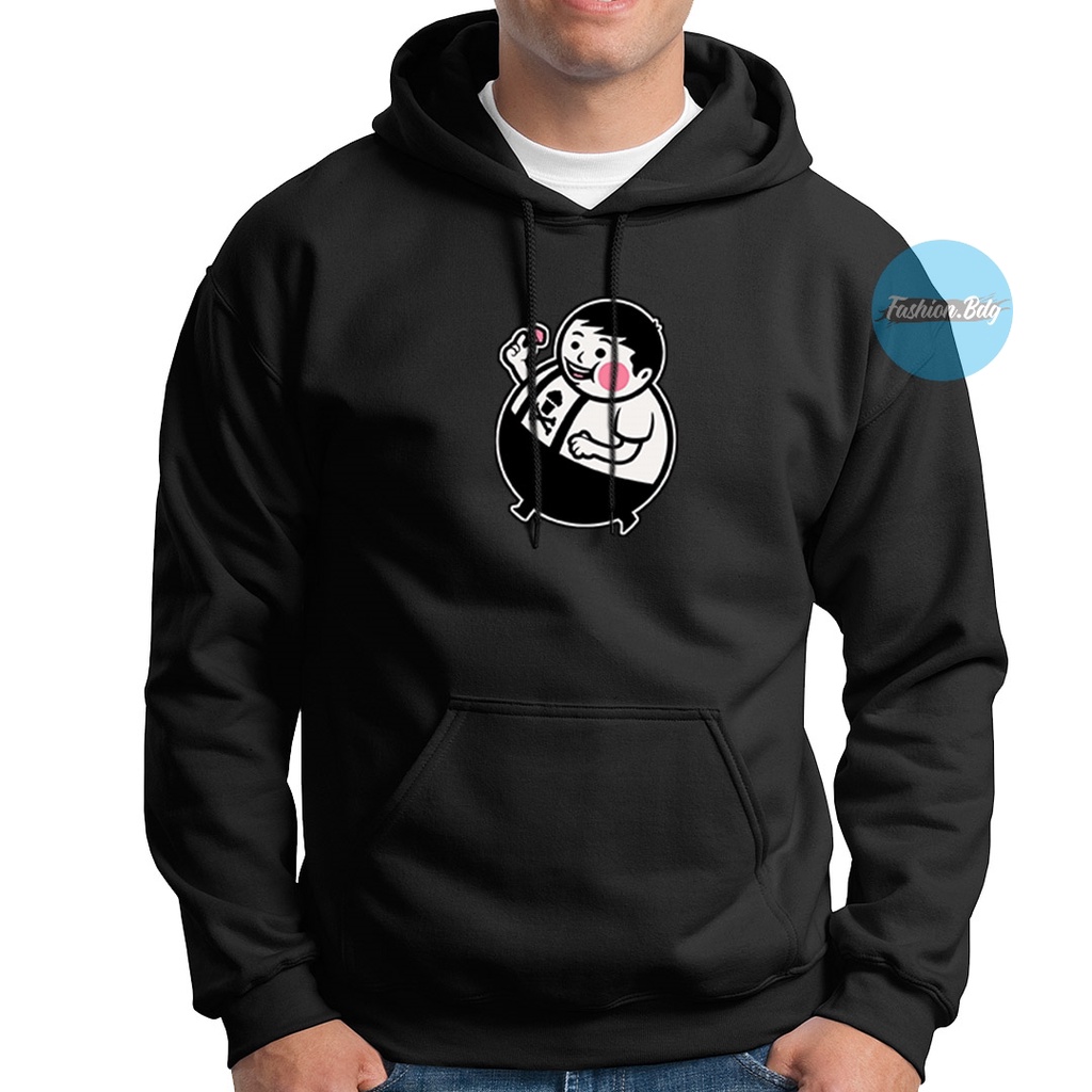 Sweater Hoodie Gembul Cartoon Sticker Bahan Fleece Warna Hitam Navy Merah Abu