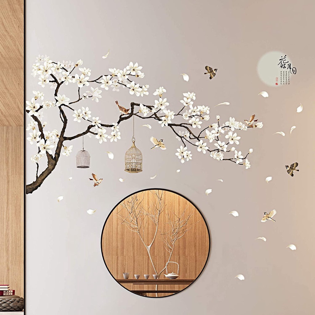 Nickolas1 Stiker Dinding Bulan Purnama Kamar Tidur Removable Dekorasi Rumah Bunga Putih Gaya Cina Decals