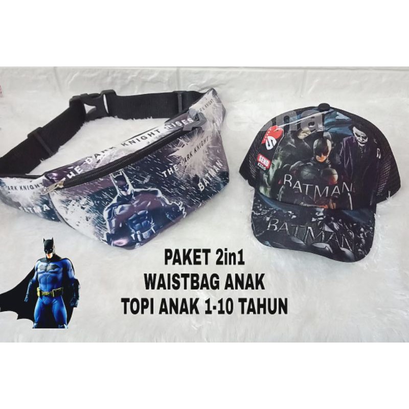 waistbag anak karakter superhero 2in1 - tas + topi - tas anak