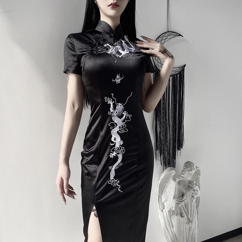 Vintage dragon embroidery high-grade cheongsam new 2021 dress vertical high split improved long skir